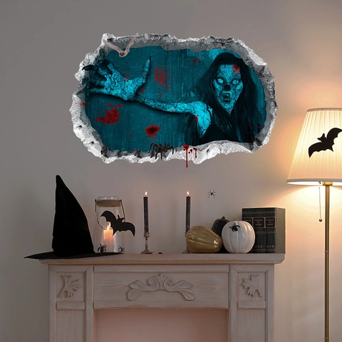 3D Halloween Muursticker Horror Gebroken Muur Spook Decor Verwijderbare PVC Bloed Handafdruk Vleermuis Spin Eng Feest Muurschildering