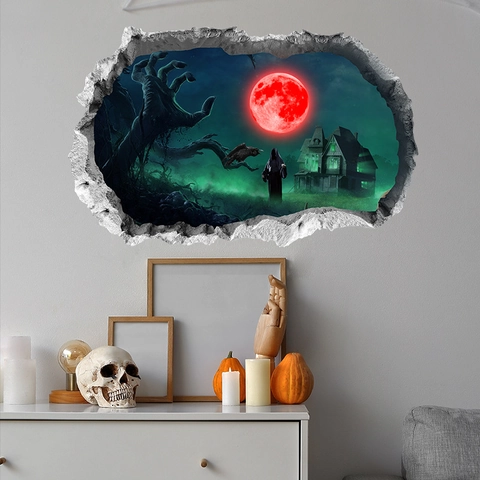 Halloween 3D Breaking Wall Sticker Spooky Red Moon Zombie Hand Ghost House PVC Self Adhesive Home Decor Mural Wall Decal