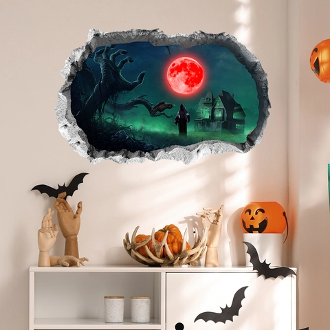 Halloween 3D Breaking Wall Sticker Spooky Red Moon Zombie Hand Ghost House PVC Self Adhesive Home Decor Mural Wall Decal