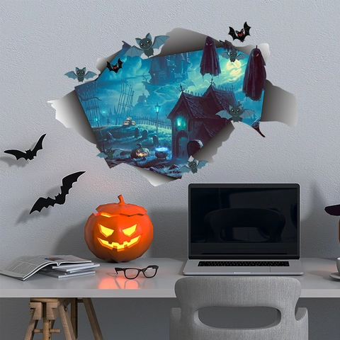 3D Halloween Wanddurchbruch Aufkleber PVC Gruselig Geist Burg Fledermaus Kürbis Selbstklebende Wandtattoos Für Zuhause Deko