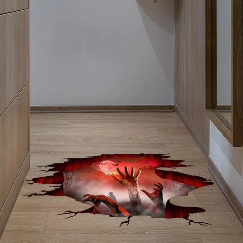 3D Visual Halloween Wall Sticker Horror Zombie Hand Red Moon Bat PVC Self-Adhesive Floor Sticker Living Room Decor