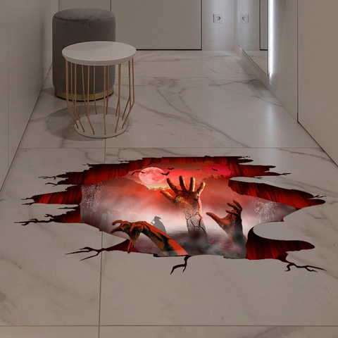 3D Visual Halloween Wall Sticker Horror Zombie Hand Red Moon Bat PVC Self-Adhesive Floor Sticker Living Room Decor