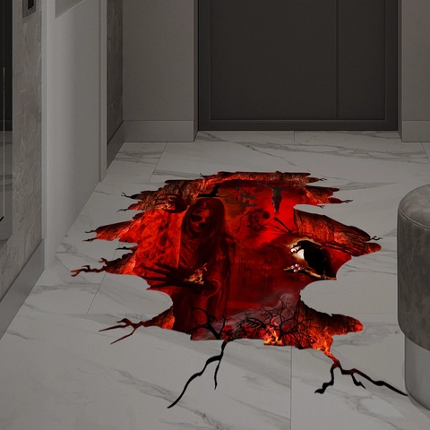 Halloween 3D Αυτοκόλλητο Δαπέδου Τρόμου Σπασμένη Επιφάνεια Γυναίκα Κοράκι Κρανίο Βολβοί Ματιών Αυτοκόλλητο ΠΒΧ Τρομακτική Διακόσμηση