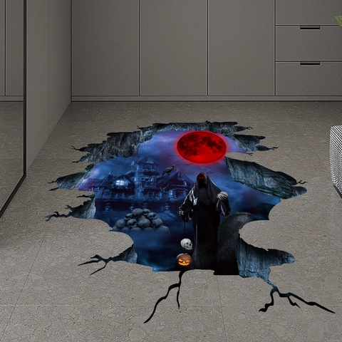 Adesivo Murale 3D Halloween Mietitore Teschio Luna Rossa Castello Adesivo per Pavimento Autoadesivo in PVC Decor