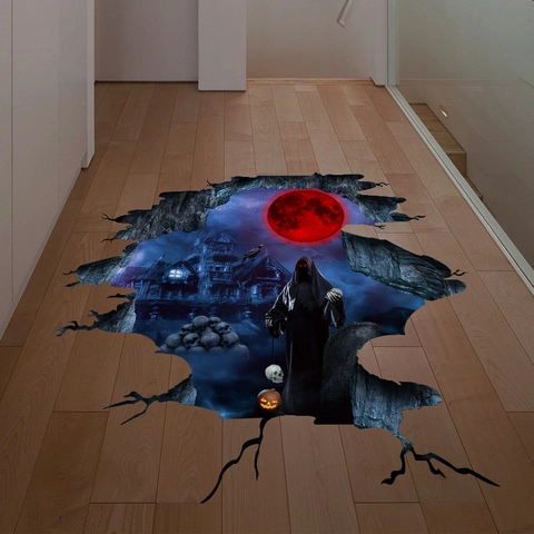 Adesivo Murale 3D Halloween Mietitore Teschio Luna Rossa Castello Adesivo per Pavimento Autoadesivo in PVC Decor
