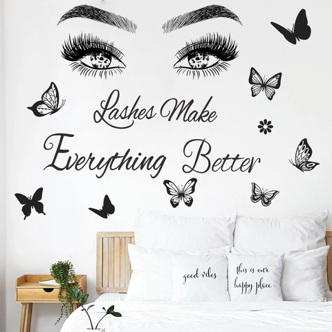 Moderne PVC Lashes Make Everything Better Muursticker Met Vlinderpatroon Voor Slaapkamer Schoonheidssalon Decoratie