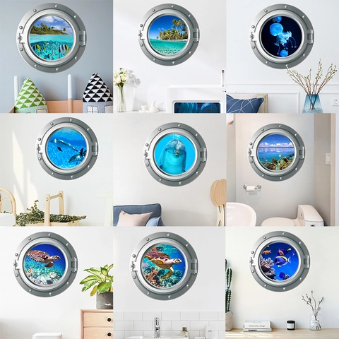 3D Bullauge Ozean Welt Wandaufkleber Wasserdicht PVC Abnehmbar Meereslebewesen Delfin Schildkröte Qualle Dekorative Wandbilder