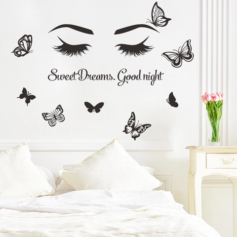 Sweet Dreams Good Night Wimpern Schmetterlinge Wandaufkleber Schwarz PVC Wandtattoos Für Schlafzimmer Wohnzimmer Heimdeko