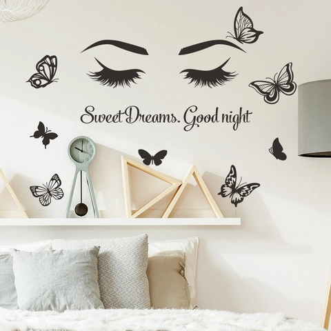Sweet Dreams Good Night Wimpern Schmetterlinge Wandaufkleber Schwarz PVC Wandtattoos Für Schlafzimmer Wohnzimmer Heimdeko