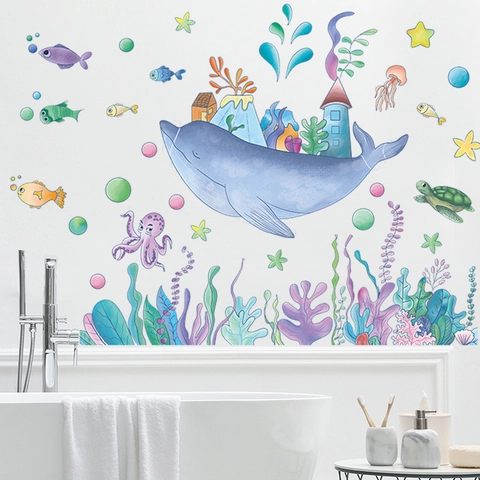 Sticker Mural Baleine Dessin Animé Monde Sous-marin PVC Imperméable Amovible Auto-adhésif Pour Chambre Enfant Salle De Bain