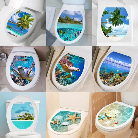 Sticker Couvercle de Toilette 3D Monde Océan Imperméable PVC Amovible Plage Tortue Dauphin Poissons Décor de Salle de Bain