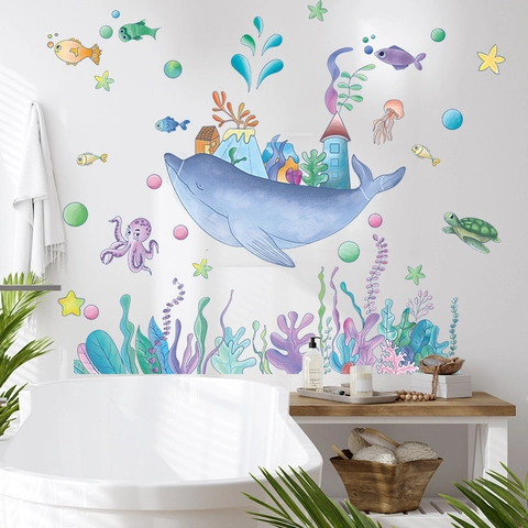 Sticker Mural Baleine Dessin Animé Monde Sous-marin PVC Imperméable Amovible Auto-adhésif Pour Chambre Enfant Salle De Bain