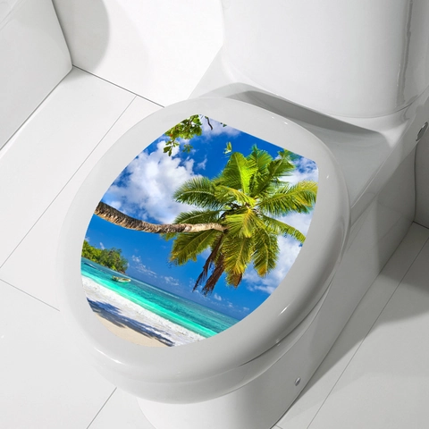 Sticker Couvercle de Toilette 3D Monde Océan Imperméable PVC Amovible Plage Tortue Dauphin Poissons Décor de Salle de Bain