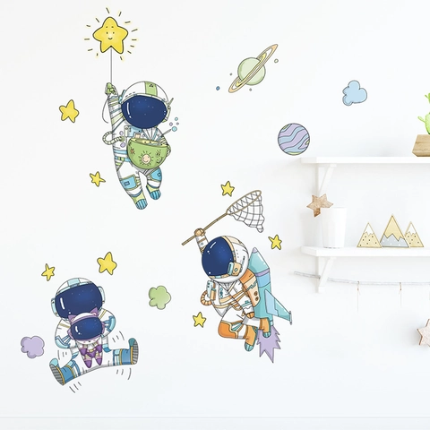 Cartoon Astronaut Catching Stars Wall Stickers For Kids Room Bedroom PVC Space Theme Planets Rocket Hand Drawn Wall Decals Home Decor