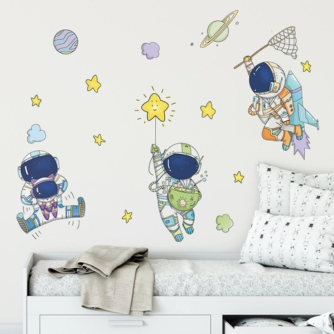 Cartoon Astronaut Catching Stars Wall Stickers For Kids Room Bedroom PVC Space Theme Planets Rocket Hand Drawn Wall Decals Home Decor