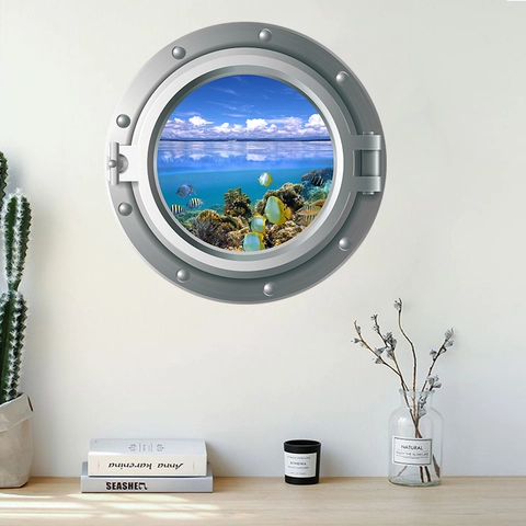 3D Bullauge Ozean Welt Wandaufkleber Wasserdicht PVC Abnehmbar Meereslebewesen Delfin Schildkröte Qualle Dekorative Wandbilder