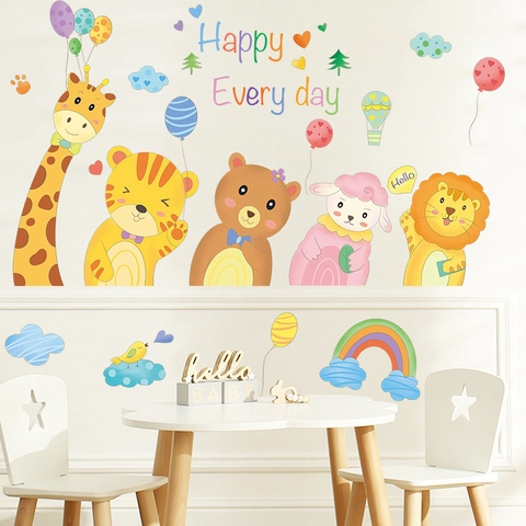 Cartoon Tiere Wandtattoo Giraffe Tiger Löwe Bär Regenbogen Wolken Wasserdichte PVC Wandaufkleber Für Kinderzimmer Deko