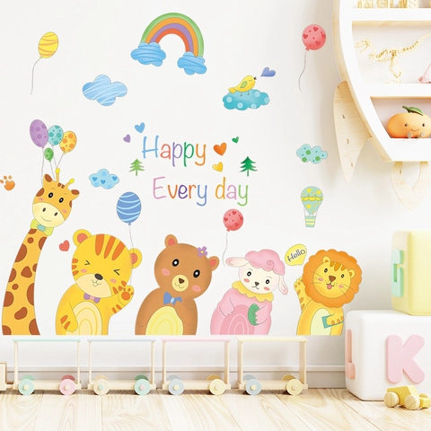 Cartoon Tiere Wandtattoo Giraffe Tiger Löwe Bär Regenbogen Wolken Wasserdichte PVC Wandaufkleber Für Kinderzimmer Deko