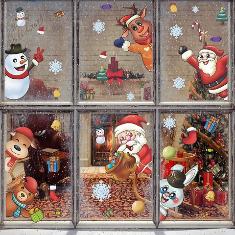 Cartoon Christmas Santa Claus Elk Snowman Wall Sticker PVC Static Cling Window Decal For Home Holiday Party Decoration