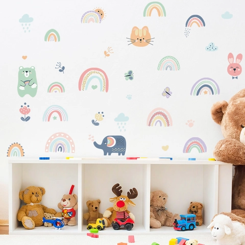 Cartoon Regenboog Olifant Beer Konijn Muurstickers Voor Kinderkamer Kinderdagverblijf Decoratieve PVC Waterdichte Muurstickers