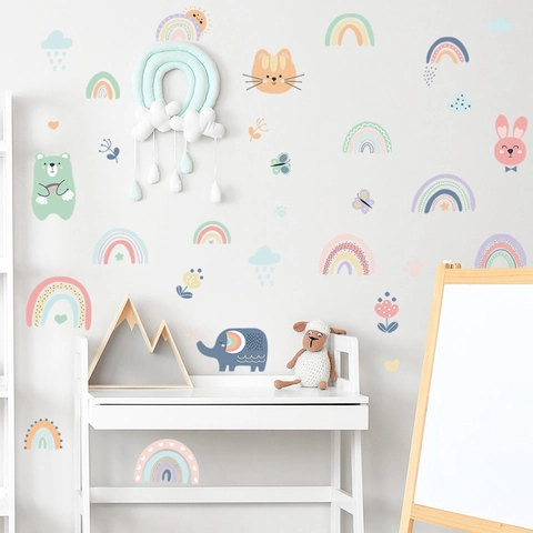 Cartoon Regenboog Olifant Beer Konijn Muurstickers Voor Kinderkamer Kinderdagverblijf Decoratieve PVC Waterdichte Muurstickers
