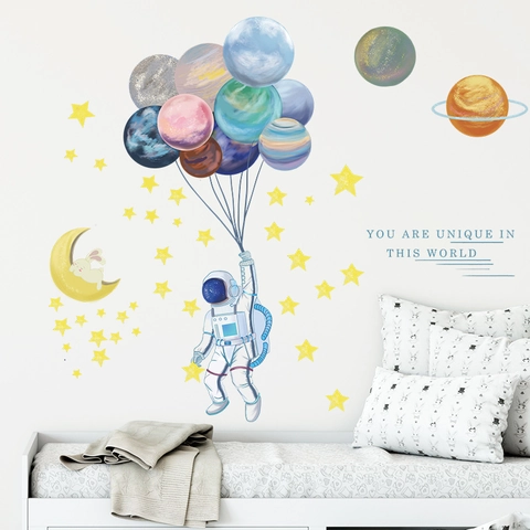 Cartoon Astronaut Planeten Ballon Mond Sterne Wandsticker Für Kinderzimmer Babyzimmer Schlafzimmer PVC Wasserdicht Deko