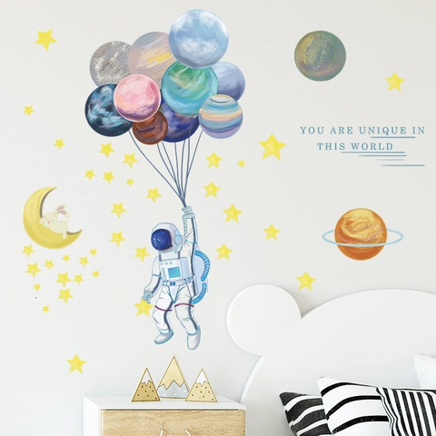 Cartoon Astronaut Planeten Ballon Mond Sterne Wandsticker Für Kinderzimmer Babyzimmer Schlafzimmer PVC Wasserdicht Deko