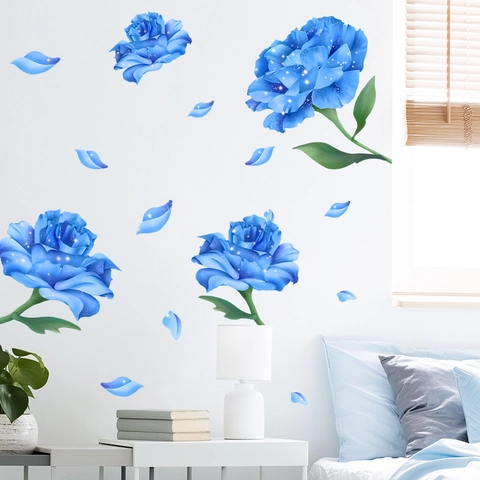 Blaue Rose Blume Wandaufkleber PVC Bedruckt Romantische Floral DIY Selbstklebende Kunst Wandtattoos Für Wohnzimmer Schlafzimmer