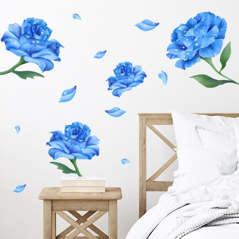 Blaue Rose Blume Wandaufkleber PVC Bedruckt Romantische Floral DIY Selbstklebende Kunst Wandtattoos Für Wohnzimmer Schlafzimmer