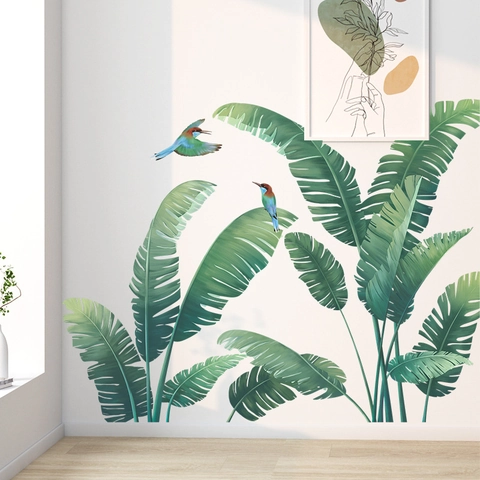 Adesivi Murali con Foglie di Monstera e Piante Tropicali con Uccelli Decalcomanie in PVC Removibili per Soggiorno Camera