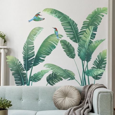 Adesivi Murali con Foglie di Monstera e Piante Tropicali con Uccelli Decalcomanie in PVC Removibili per Soggiorno Camera