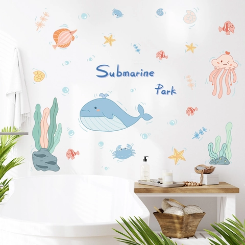 Adesivi Murali Balena Mondo Sottomarino Cartone Animato Tema Oceano Animali Marini Decalcomanie in PVC Per Bagno