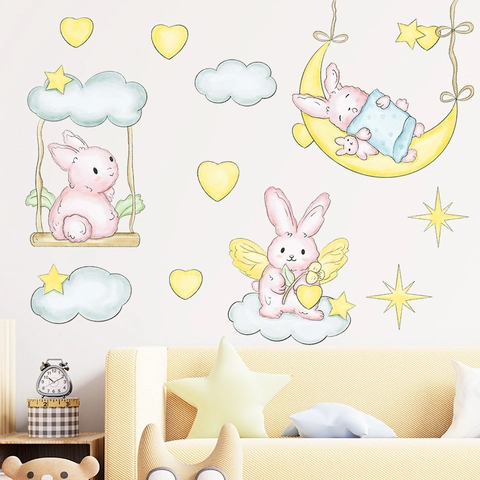 Pegatinas de Pared de Conejo Rosa de Dibujos Animados Columpio Luna Acuarela Nube Corazón Estrellas Para Decoración de Habitación Infantil