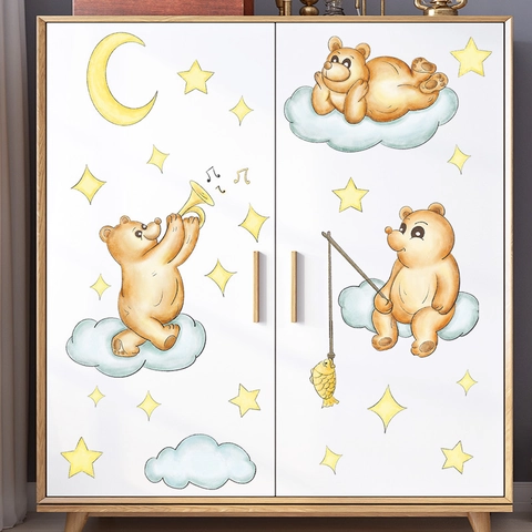 Vinilo Decorativo de Oso de Dibujos Animados Nubes Estrellas Luna PVC Acuarela Pintado a Mano para Habitación Infantil Decoración