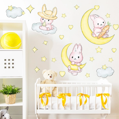 Aquarell Cartoon Hase Mond Stern Wandaufkleber PVC Wasserdicht Deko Aufkleber Für Kinderzimmer Schlafzimmer Deko
