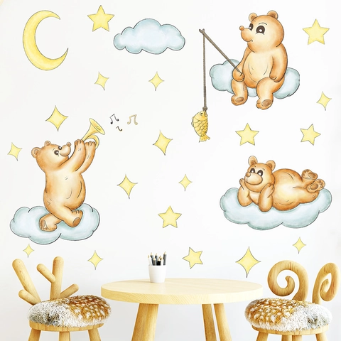Vinilo Decorativo de Oso de Dibujos Animados Nubes Estrellas Luna PVC Acuarela Pintado a Mano para Habitación Infantil Decoración
