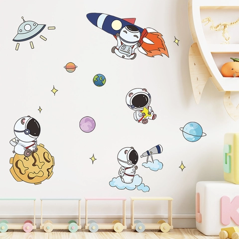 Cartoon Astronaut Rocket Space Wall Stickers For Kids Room PVC Waterproof Removable DIY Nursery Home Decor Decals