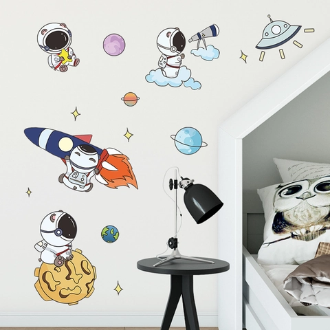 Cartoon Astronaut Rocket Space Wall Stickers For Kids Room PVC Waterproof Removable DIY Nursery Home Decor Decals