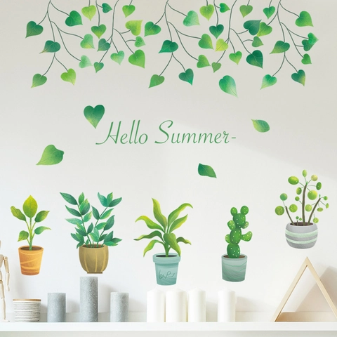 Hello Summer Grüne Pflanzen Topfpflanzen Sukkulenten Blätter Wandsticker Abnehmbare PVC Wandtattoo Für Wohnzimmer Schlafzimmer Zuhause Deko