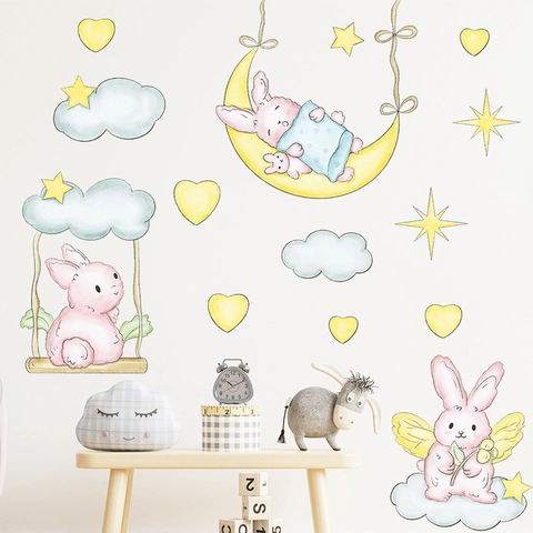 Pegatinas de Pared de Conejo Rosa de Dibujos Animados Columpio Luna Acuarela Nube Corazón Estrellas Para Decoración de Habitación Infantil