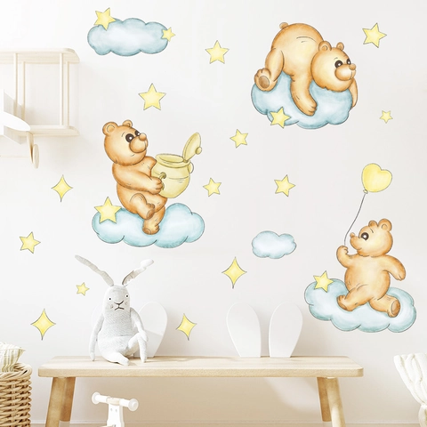 Vinilos Decorativos de Oso de Dibujos Animados en Acuarela Con Nubes Estrellas Luna para Habitación Infantil Guardería