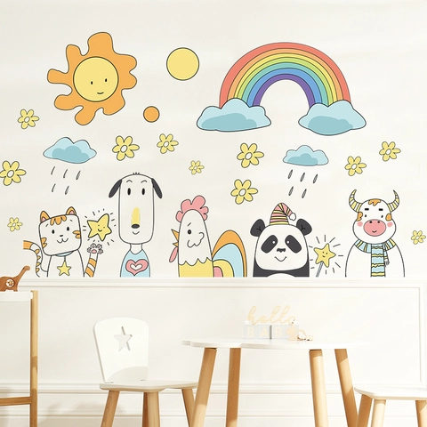 Adesivi Murali Cartone Animato Animali Sole Arcobaleno Nuvole Per Camera Bambini PVC Impermeabile DIY Decorazione Casa