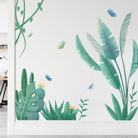 Tropical Plant Green Leaves Wall Stickers Waterproof PVC Removable Banana Leaf Monstera Cactus Butterfly DIY Wall Decals Home Decor