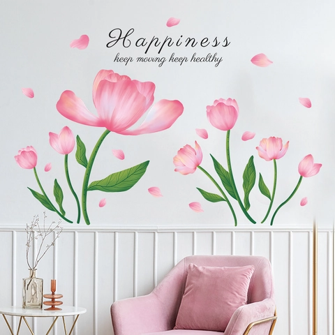 Adhesivo de Pared de Tulipan Rosa Romántico Impermeable de PVC para Dormitorio Sala de Estar Decoración del Hogar Letras Happiness