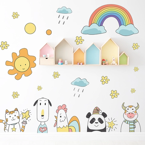 Adesivi Murali Cartone Animato Animali Sole Arcobaleno Nuvole Per Camera Bambini PVC Impermeabile DIY Decorazione Casa
