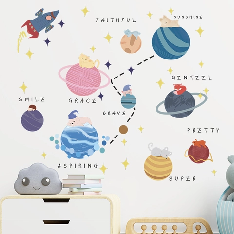 Cartoon Space Animal Wall Stickers PVC Multicolor Planet Rocket Wall Decals For Kids Room Kindergarten Home Decor Art Mural