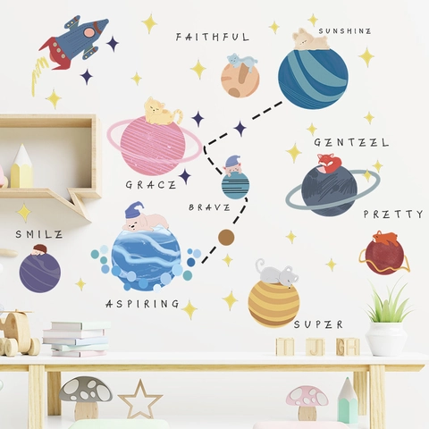 Cartoon Space Animal Wall Stickers PVC Multicolor Planet Rocket Wall Decals For Kids Room Kindergarten Home Decor Art Mural