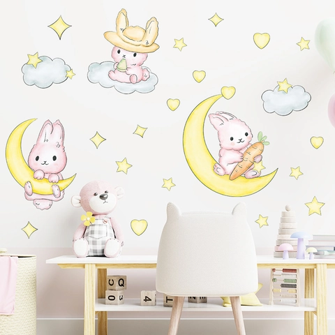 Aquarell Cartoon Hase Mond Stern Wandaufkleber PVC Wasserdicht Deko Aufkleber Für Kinderzimmer Schlafzimmer Deko