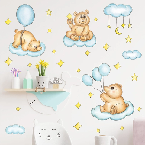 Adesivi Murali con Orsetti Cartoni Animati Nuvole e Stelle ad Acquerello per Cameretta Bambini Camera da Letto Decorazione in PVC