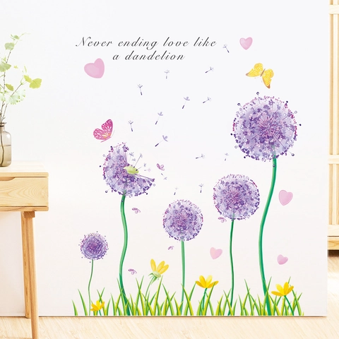 Lila Löwenzahn Wandaufkleber PVC Schmetterling Herz DIY Wandtattoo Für Wohnzimmer Schlafzimmer Home Decor Wandbild